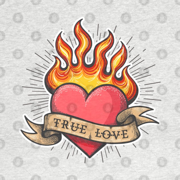 Flaming Heart Tattoo with ribbon with lettering True Love. by devaleta